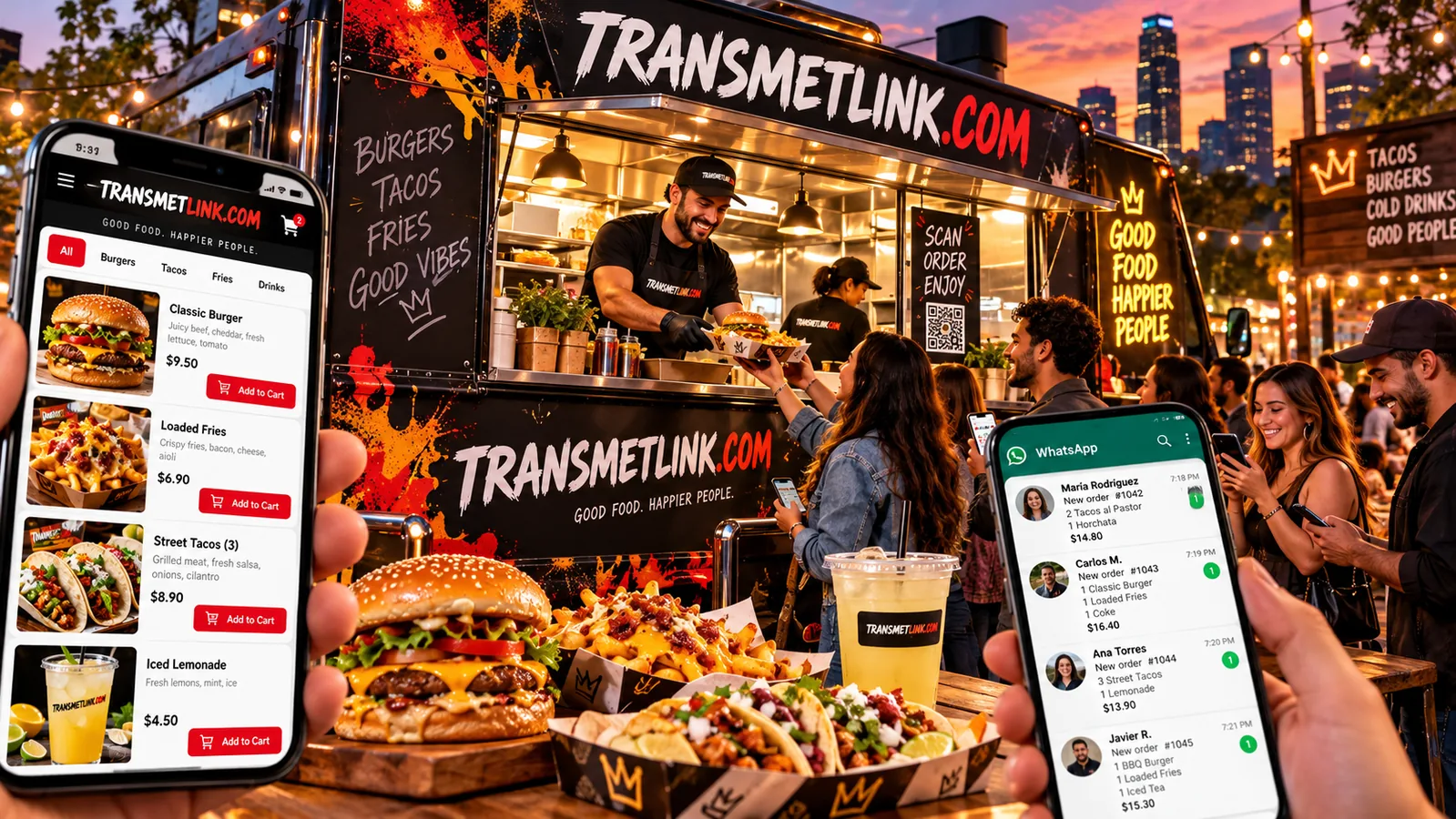Démonstration du foodtruck TRANSMETLINK.COM, clients sur smartphone et réception des commandes par WhatsApp